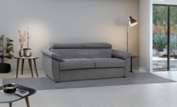Divano Letto 3P con poggia testa e cuscini sopra braccioli grigio