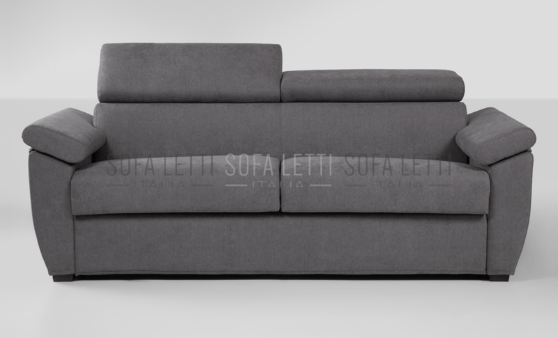 Divano Letto 3P max con poggia testa e cuscini sopra braccioli grigio